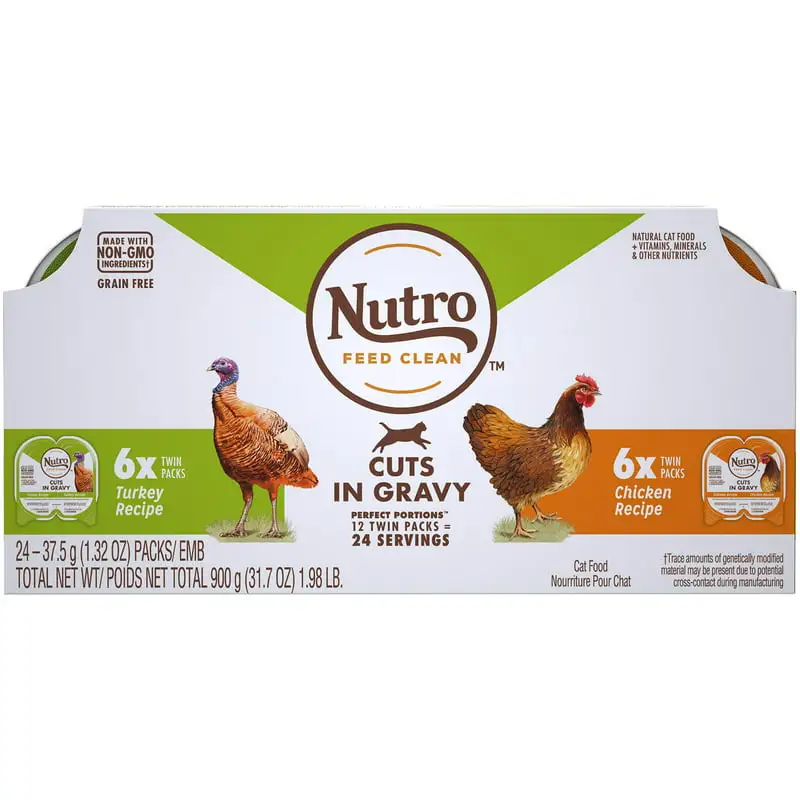 Free Natural Wet Cat Food Cuts in Gravy Turkey Recipe and Chicken Recipe Variety Pack, (12) 2.64 oz. PORTIONS Twin-Pack Trays